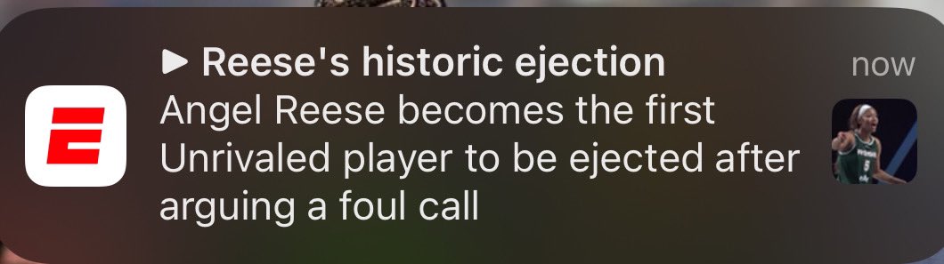 The first (and only) Unrivaled notification I’ve gotten from espn since the szn started a whole month ago ..  yall are as trash as Angel Reese’s actual ejection was <a href="/espn/">ESPN</a>