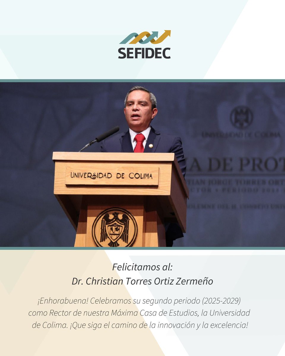 SEFIDEC (@sefidec) on Twitter photo ¡Felicidades, Dr. Christian Torres Ortiz Zermeño! 🎓👏
En SEFIDEC, reconocemos su compromiso con la educación en Colima.
Le deseamos éxito en su segundo periodo al frente de nuestra Máxima Casa de Estudios, la Universidad de Colima. <a href="/udec_oficial/">Universidad de Colima</a>
Que esta nueva etapa siga ¡Felicidades, Dr. Christian Torres Ortiz Zermeño! 🎓👏
En SEFIDEC, reconocemos su compromiso con la educación en Colima.
Le deseamos éxito en su segundo periodo al frente de nuestra Máxima Casa de Estudios, la Universidad de Colima. <a href="/udec_oficial/">Universidad de Colima</a>
Que esta nueva etapa siga