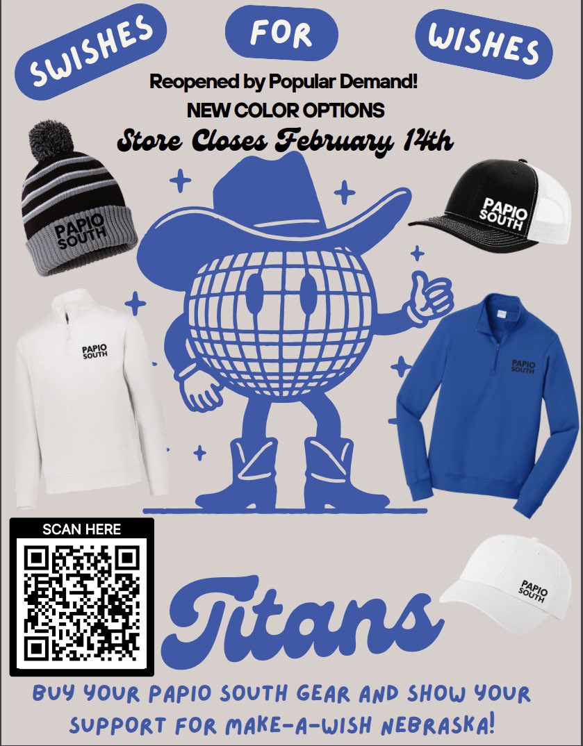 By popular demand, the Swishes for Wishes store has been re-opened! Buy all things Papio South now!! Store closes Feb. 14th