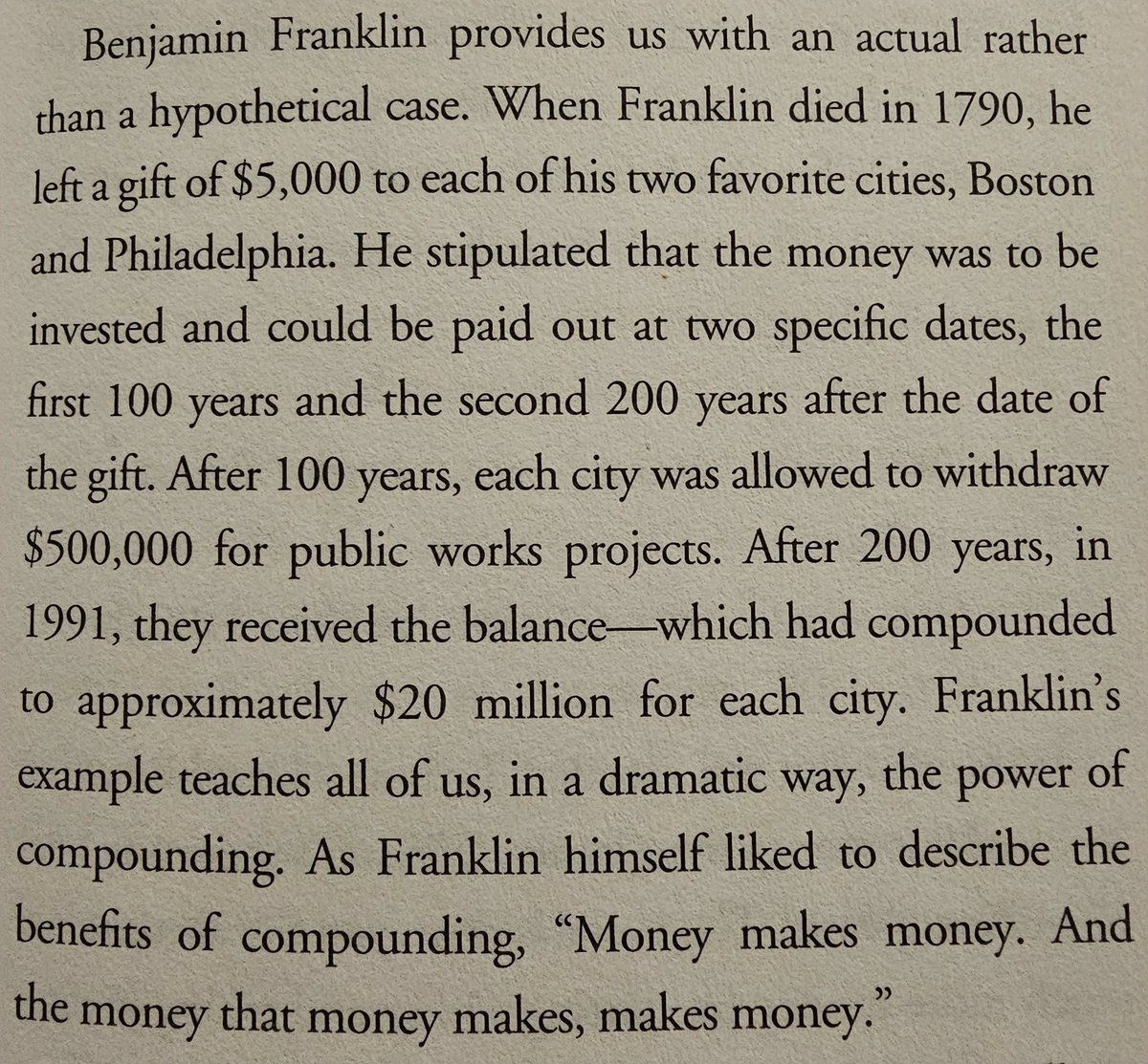 Coolfundoo's tweet image. In 1790, Benjamin Franklin in his will left  $5K each to Boston &amp;amp; Philadelphia, invested for growth. After 100 yrs, they withdrew $500K each; by 1991 (200 yrs), it grew to $20M per city—proving his belief: "Money makes money, and the money that money makes, makes money."
