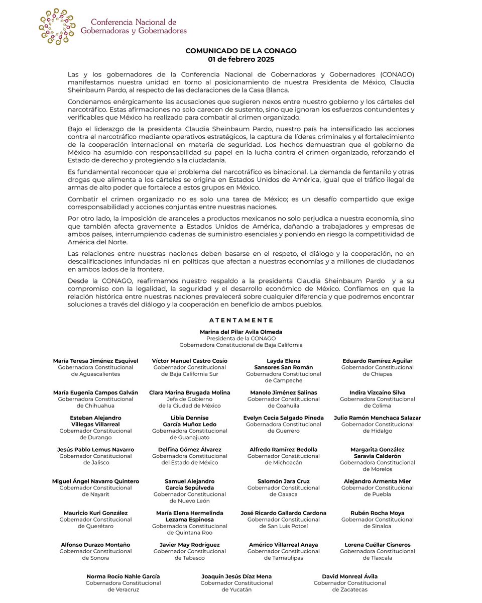 Respaldamos a la Presidenta Claudia Sheinbaum Pardo ante las declaraciones de la Casa Blanca y rechazamos cualquier vínculo entre el Gobierno de México y el narcotráfico.

(1/3)