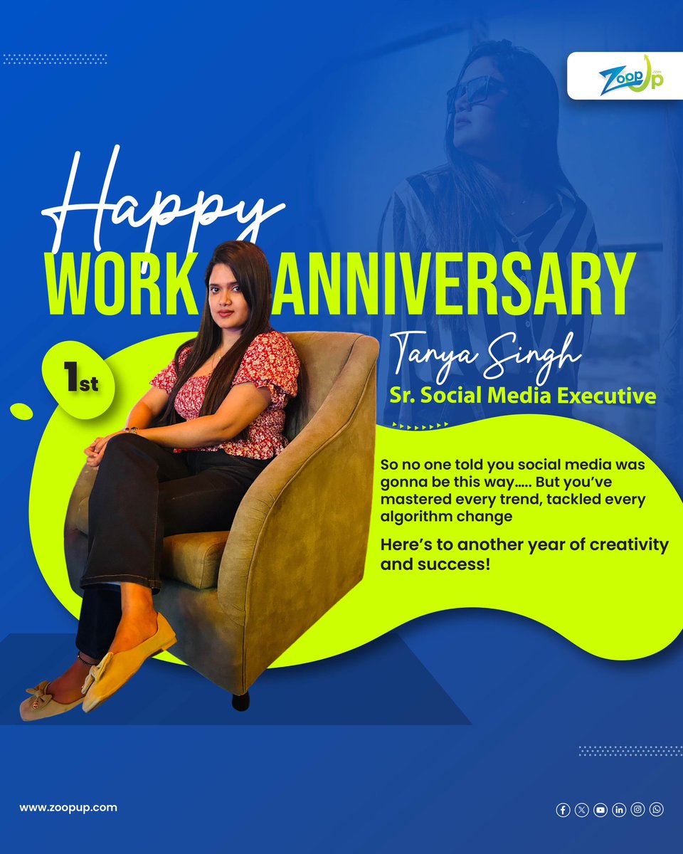 ZoopUpOfficial's tweet photo. Time flies when you’re crafting winning social media strategies!
Today, we celebrate Tanya Singh’s work anniversary at ZoopUp – a year of innovation and creativity

#WorkAnniversary #SocialMediaStrategist #ZoopUp #DigitalMarketing #SocialMediaExpert #MarketingStrategy #SEO #ppc https://t.co/rUz4Bbt39t