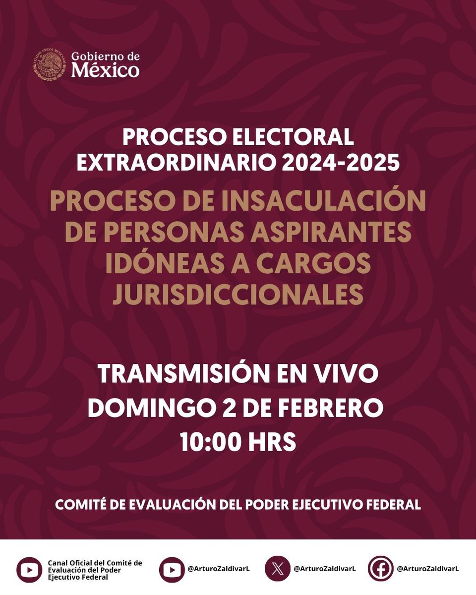 Este domingo 2 de febrero a las 10:00 hrs, acompáñanos en el proceso de insaculación de personas aspirantes idóneas a cargos jurisdiccionales, llevado a cabo por el Comité de Evaluación del Poder Ejecutivo Federal.

Sigue los detalles en nuestras redes y canales oficiales.