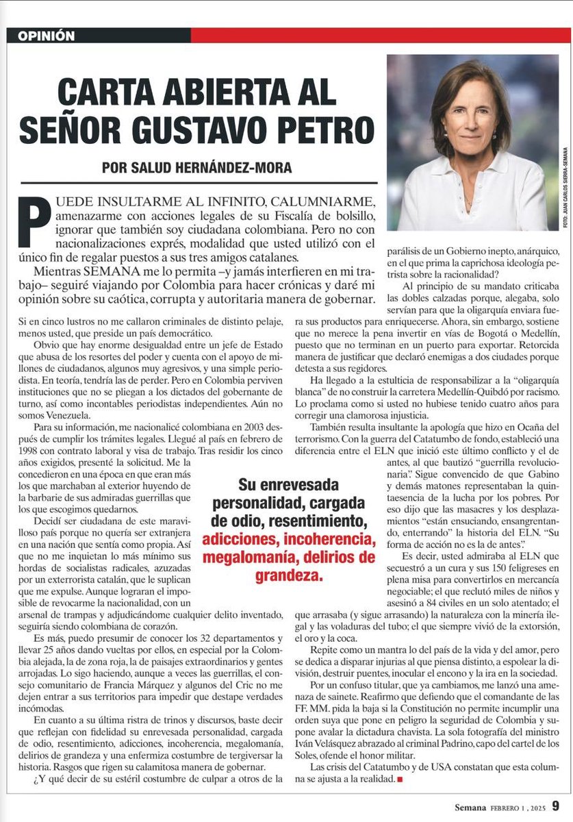 PovedaZapata's tweet image. Una carta que no debe ser de Salud Hernández, sino de todos los Colombianos respaldando su coraje y templanza, frente a un Hampón que osa llamarse DESgobernante, cuando en verdad es un CRIMINAL. 

Los Colombianos que queremos a Colombia libre de Criminalidad, Corrupción,…