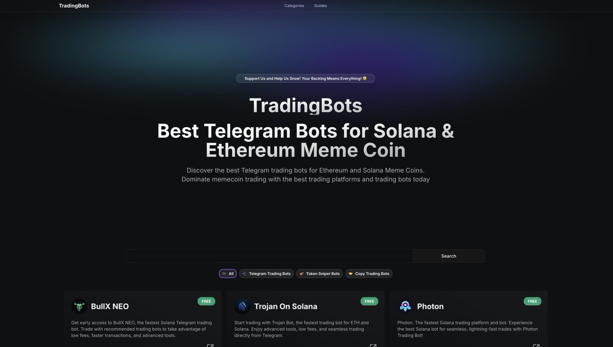 tradingbotsnet's tweet photo. Find the best Telegram trading bots on Solana:
https://t.co/cTtS2AJWd6

Our goal is to provide resources that way you can stay efficient and up to date with the space. Whether you need to find a sniping bot, a copy trading bot, or a basic trading bot -- we are here! https://t.co/9xTUipAFKq