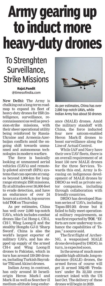 IamRajat_Pandit's tweet photo. Army has only around 50 Israeli-origin #Heron Mark-I and Mark-II as well as #Searcher-II medium-altitude long-endurance drones. The force also inducted four new satcom-enabled Heron Mark-II drones to boost surveillance along the LAC. #DroneWars
Truncated Print Version 👇🏼 https://t.co/8IuaYqLu5L