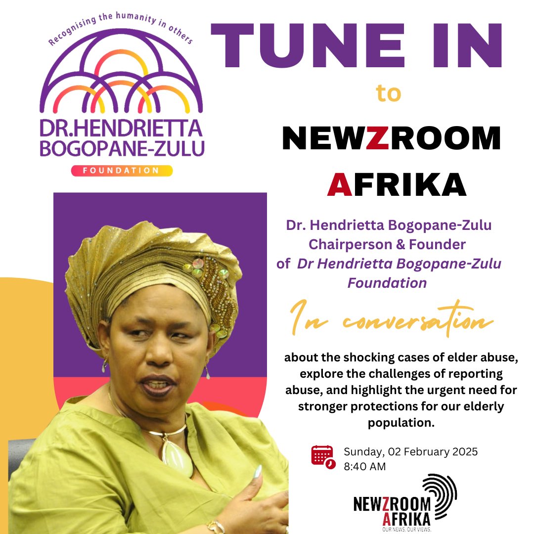📢 Don’t Miss Out! 📢

Tune in to Newzroom Afrika this morning at 08:40 as Dr. Hendrietta Bogopane-Zulu addresses the alarming rise in elder abuse and the critical role society plays in protecting the rights and dignity of our senior citizens.
