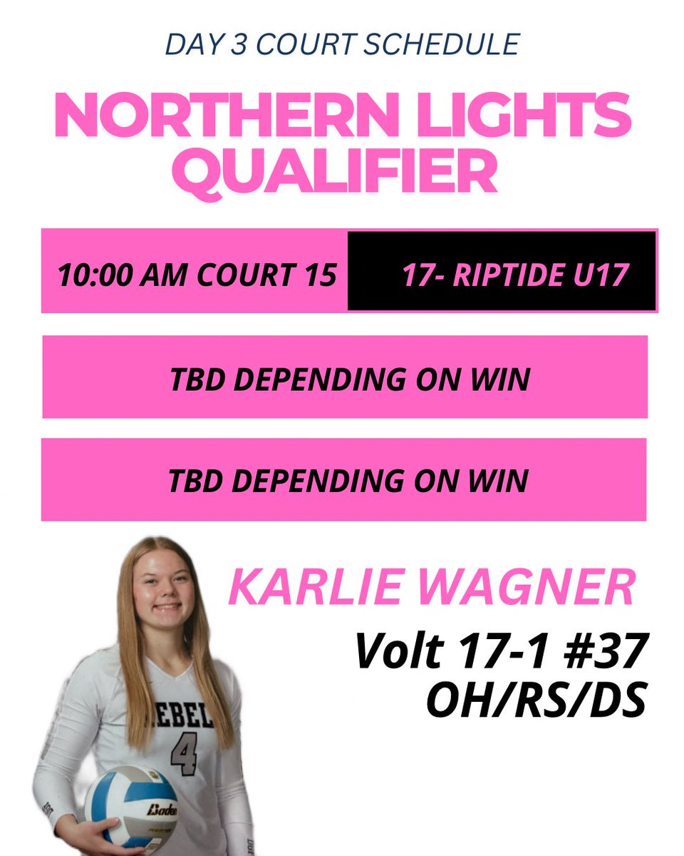 DAY THREE SCHEDULE!

#volleyball #minnesota #volleyballrecruits #outsidehitter #rightsidehitter #serverecieve #passing #collegevolleyball #defensivespecialist #defense #northernlightsqualifier #usavolleyball #usavolleyball #usav