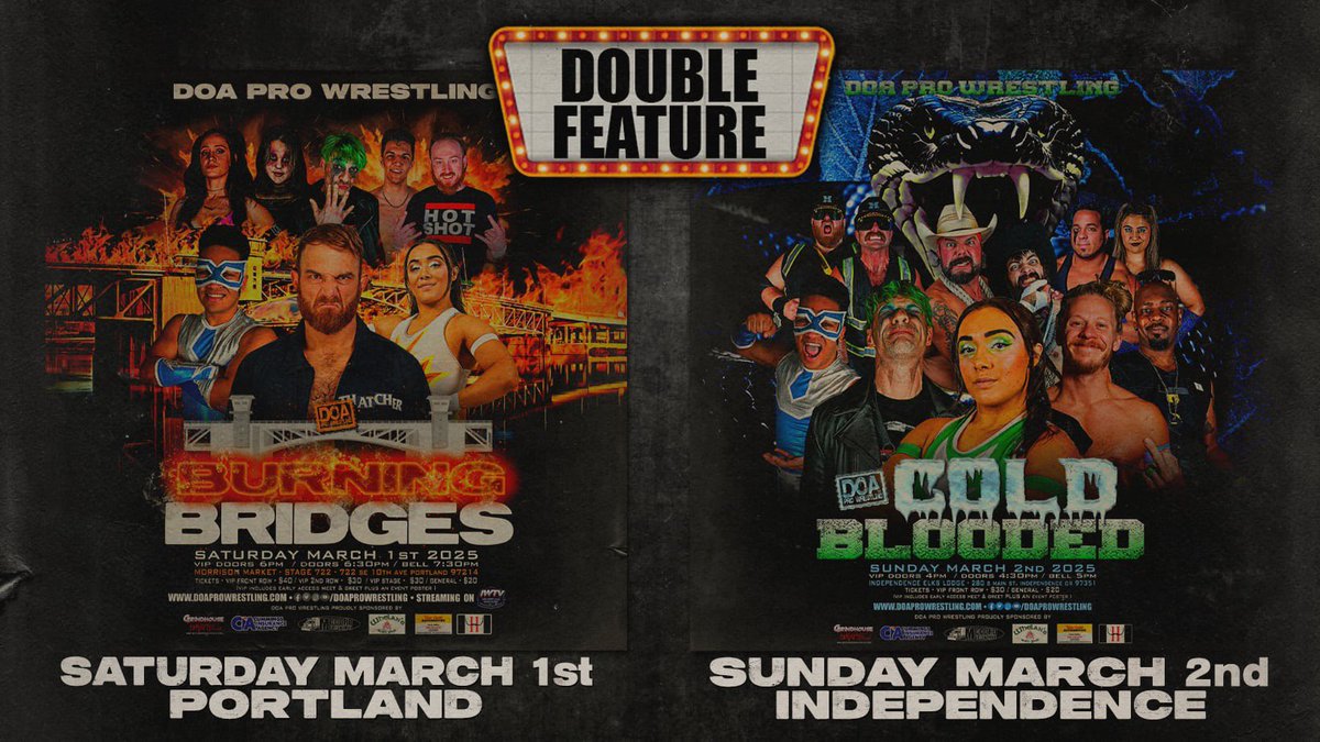 Thanks for another amazing night, Asylum!

Tickets go on sale Monday @ 10am PT!

🌉Burning Bridges feat. TIMOTHY THATCHER!
🗓️Saturday, March 1st
📍Morrison Market - Stage 722
📺IWTV

🐍Cold Blooded
Sunday, March 2nd
📍Independence Elks Lodge

🎟️doaprowrestling.com