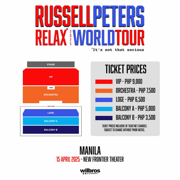 NewFrontierPh's tweet image. You deserve to sit back, relax, and have a good laugh with our favorite comedian RUSSELL PETERS!

RELAX* World Tour 2025  ... *𝘐𝘵'𝘴 𝘕𝘰𝘵 𝘛𝘩𝘢𝘵 𝘚𝘦𝘳𝘪𝘰𝘶𝘴!
April 15 • New Frontier Theater
Get your tickets here: ticketnet.com.ph/event-detail/R…

#RussellPeters #RelaxWorldTour