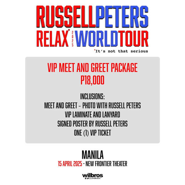 NewFrontierPh's tweet image. You deserve to sit back, relax, and have a good laugh with our favorite comedian RUSSELL PETERS!

RELAX* World Tour 2025  ... *𝘐𝘵'𝘴 𝘕𝘰𝘵 𝘛𝘩𝘢𝘵 𝘚𝘦𝘳𝘪𝘰𝘶𝘴!
April 15 • New Frontier Theater
Get your tickets here: ticketnet.com.ph/event-detail/R…

#RussellPeters #RelaxWorldTour