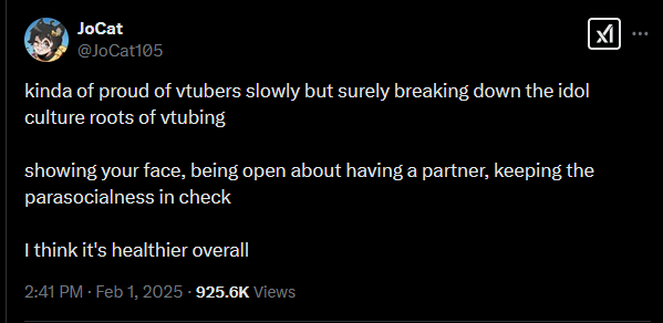 RaeltaiVT's tweet photo. nono, Jocat is right and should be allowed to say this
idol culture is /very/ toxic and i personally also hate it
you form a better connection with your community by being allowed to be a real person, rather than an idol
vtubing is what you want to make of it https://t.co/diNUQn8sK9