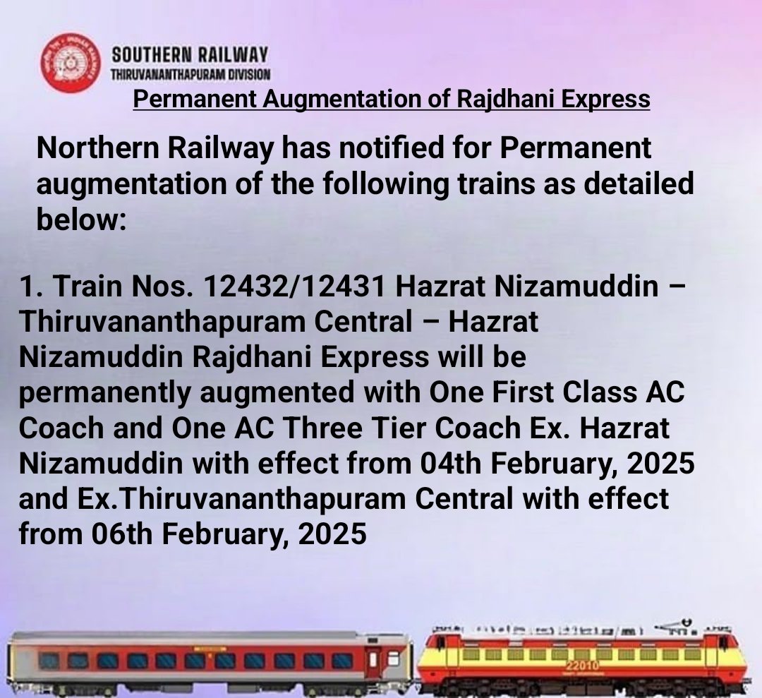 drm_tvc's tweet image. #Northern Railway has notified for Permanent augmentation of the following trains as detailed below: 

#southernrailway #trainupdate