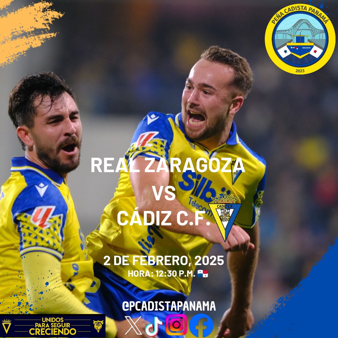 Entren que caben 💯
A este barco🚢 de los sueños llamado <a href="/Cadiz_CF/">Cádiz Club de Fútbol</a> 💛💙 quien visita al <a href="/RealZaragoza/">Real Zaragoza</a> ⚪🔵 con el objetivo de sumar de a 3️⃣

"Unidos para Seguir Creciendo" <a href="/FPCadistas/">Federación de Peñas Cadistas</a> ⚔️

#RealZaragozaCádiz #Cadiz #Zaragoza #Panama #pcadistapanama #cadistasenpanama #futbol