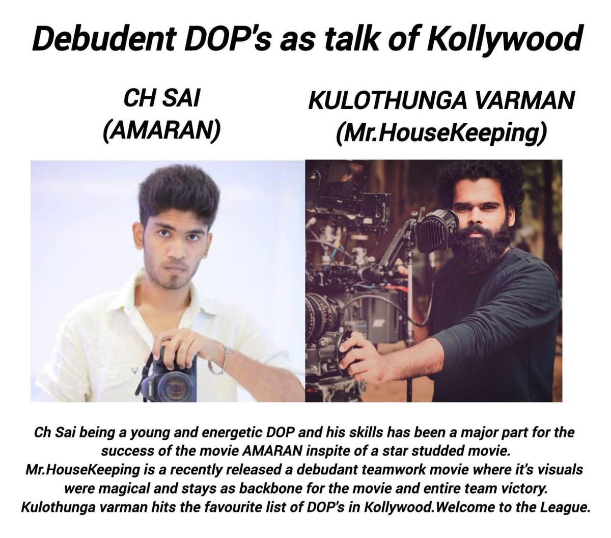 ArunaTheater's tweet photo. Both are the industry's new best cinematographers 🎥📽️
#CHSai #KulothungaVarman https://t.co/Q9pbqgTSl3