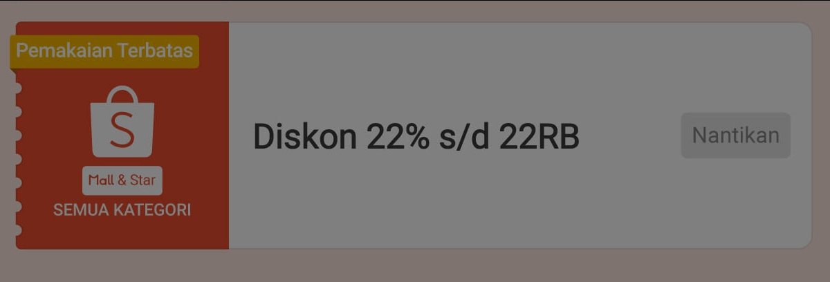 [kemungkinan ada lagi di jam 12:00]
Voucher Diskon 22k, minbel 100k

*Bisa klaim setiap sesi, perlu refresh
s.shopee.co.id/AA1AbEU7N4
(Link browser: s.id/22voucher)

*atau mungkin disini
s.shopee.co.id/2Azi8GRHwE