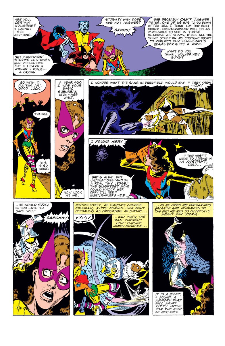 balvog's tweet image. X-Men #149 (1963)
The X-Men are sent by Xavier to scope out Magneto’s old volcano base, only to discover Garokk, who survived his fall (and is very mad at Storm) in #116 thanks to Magneto.
Kitty manages to save Storm while wearing a hideous new costume.