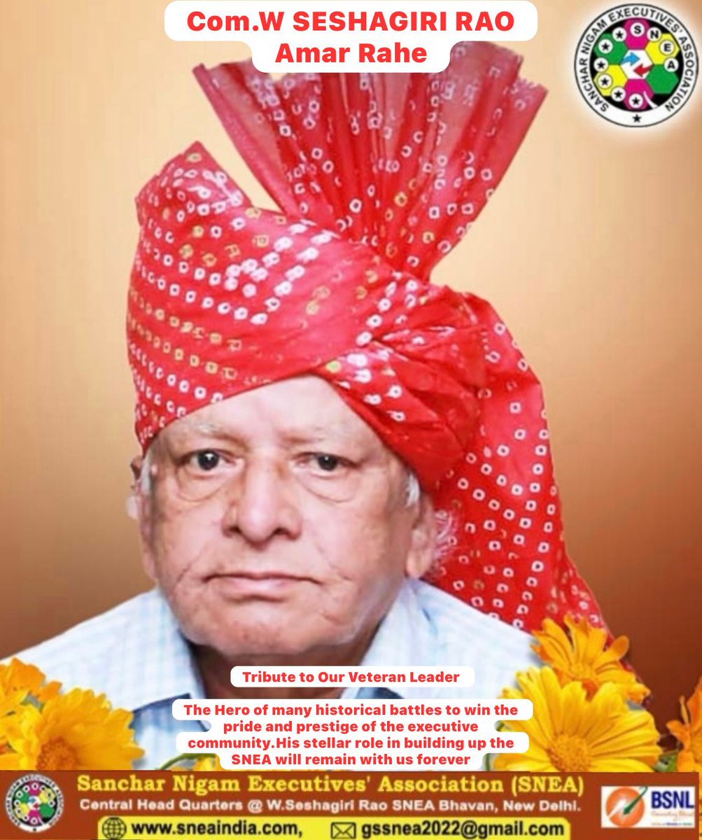 Sanchar Nigam Executives' Association (SNEA) (@sneachq) on Twitter photo Tribute to our Veteran star leader.
We truly & Whole heartedly salute the Hero of all executives of BSNL Com W Seshagiri Rao Sahib for his tireless, result oriented and unmatched achievements for executives of BSNL
A great Visionary W Seshagiri Rao sahib Amar Rahe.
<a href="/gssnea/">General Secy SNEA</a> Tribute to our Veteran star leader.
We truly & Whole heartedly salute the Hero of all executives of BSNL Com W Seshagiri Rao Sahib for his tireless, result oriented and unmatched achievements for executives of BSNL
A great Visionary W Seshagiri Rao sahib Amar Rahe.
<a href="/gssnea/">General Secy SNEA</a>