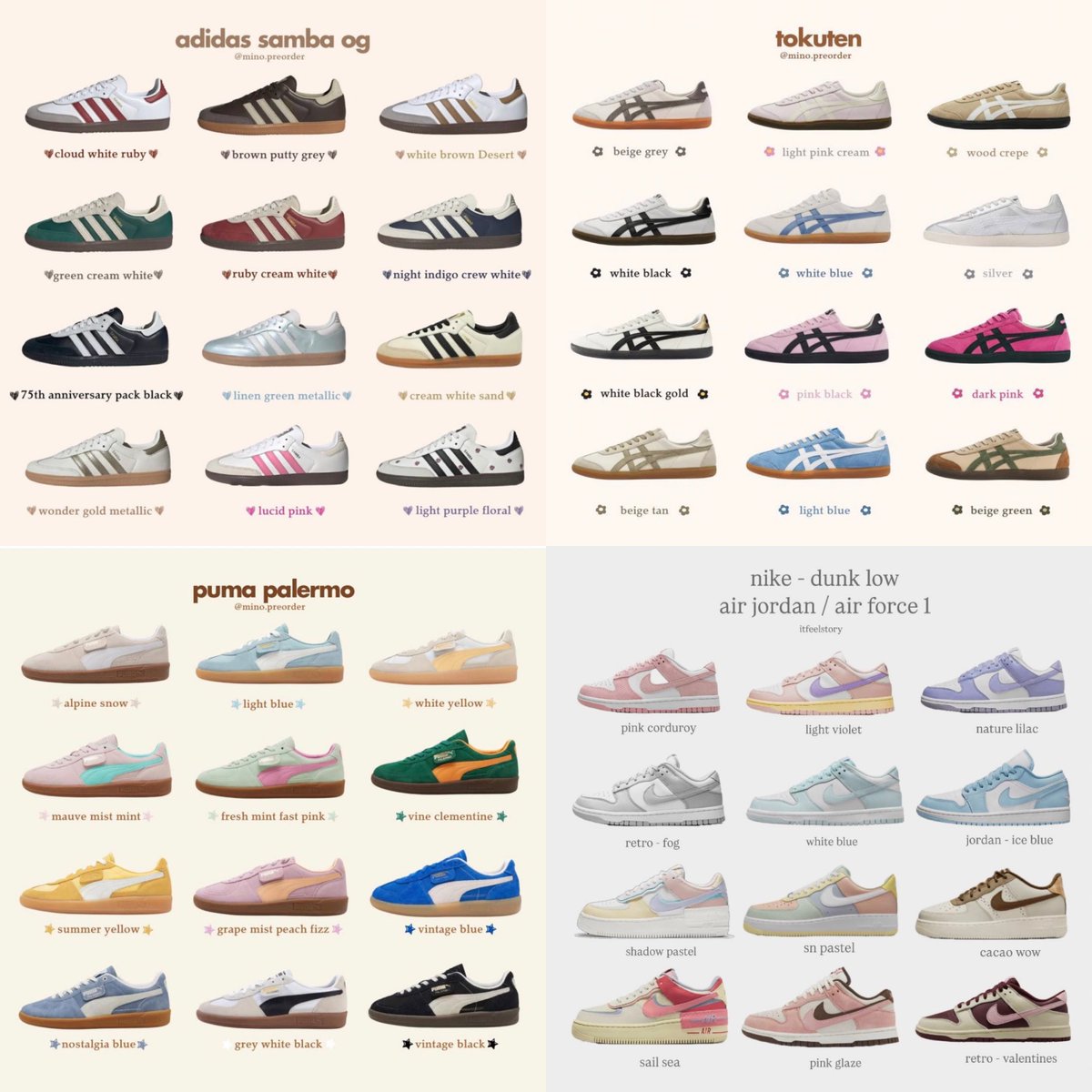 มาแปะชาร์ตสี adidas / nike / puma แต่ละรุ่นให้ว่ามีสีอะไรบ้าง เผื่อใครกำลังมองหา จะได้เล็งถูก รุ่นฮิตในเกาคือตอนนี้เริ่มเข้าไทยละ 4 ร้านนี้ของแท้ 100% ไม่มีในช่อปด้วย ราคาดี⭐️🤙🏻 (มีเพิ่มในเธรด)