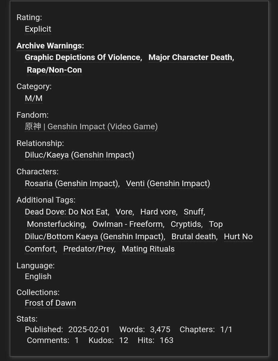 fatesresonance's tweet photo. "Bite Off More Than You Can Chew" for @luckaeluczine's "Desolate Night" add-on!

> NSFW + incredibly dead dove with MCD (MIND THE TAGS)
> 3.5k words
> cryptid hunter Kaeya and owlman Diluc
> Kaeya mistakes mating ritual for friendship and gets chomped https://t.co/5EultB5m5k