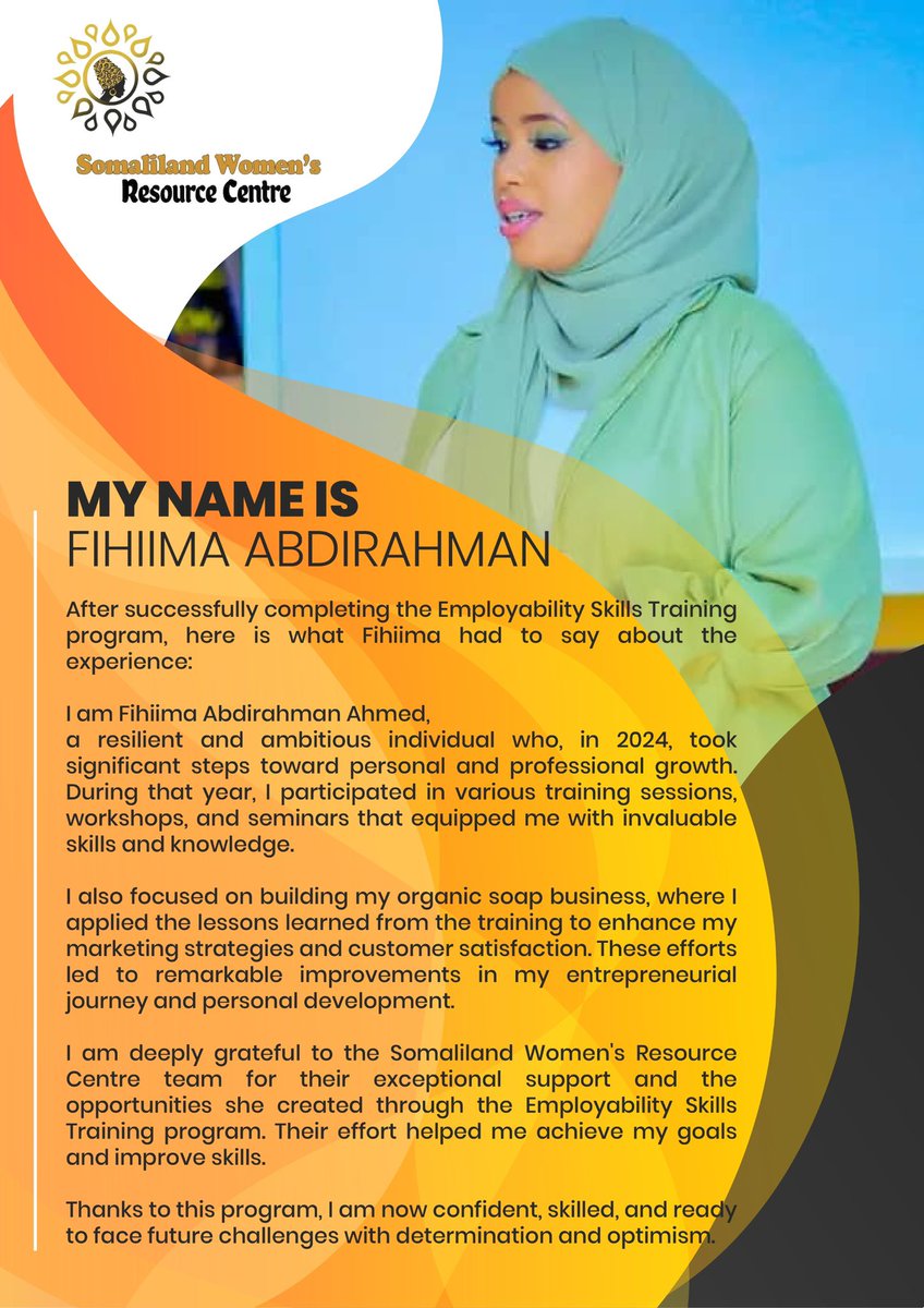 Meet Our Alumna: Fihiima Abdirahman
Fihiima now works as a Cashier Officer at Royal Mendi House Hotel in Hargeisa while successfully running her own organic soap business. We are proud of her inspiring journey👏