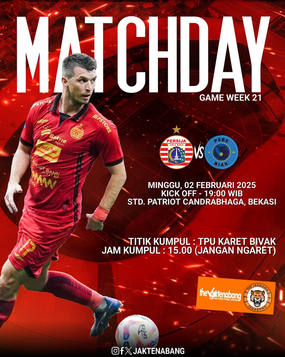 𝙏𝙤𝙙𝙖𝙮 𝙄𝙨 𝙋𝙚𝙧𝙨𝙞𝙟𝙖 𝘿𝙖𝙮

 Persija Jakarta vs PSBS Biak
📅: Minggu, 2 Februari 2025
⌚: Kick Off - 19:00 WIB
🏟: Stadion Patriot Candrabhaga, Bekasi

Come On You Tiger <a href="/persija/">zibon rokes</a>

#Jakmaniatenabang
#PersijaSelamanya