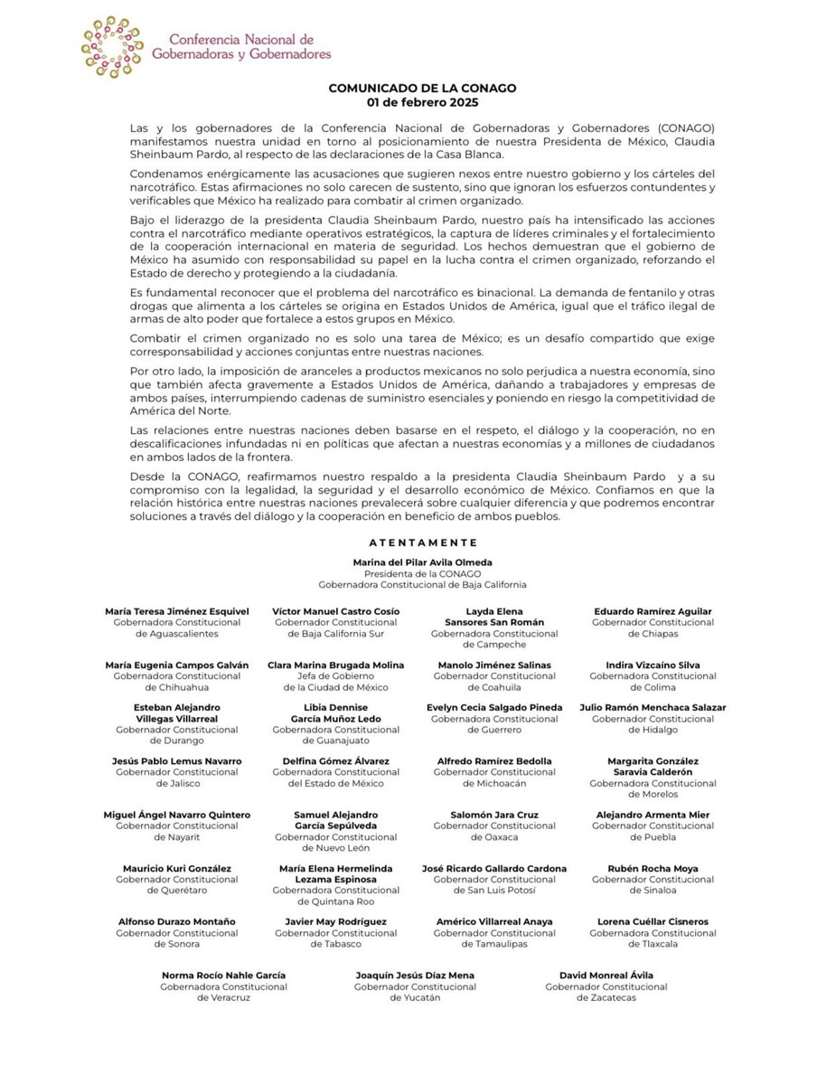 Respaldo totalmente el posicionamiento de nuestra presidenta, Claudia Sheinbaum Pardo <a href="/Claudiashein/">Claudia Sheinbaum Pardo</a>. Desde el inicio de su gobierno, la presidenta de México ha implementado acciones contundentes en la batalla contra el crimen organizado, por lo que rechazamos categóricamente