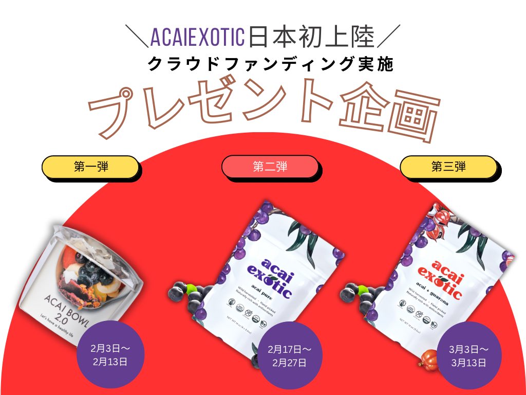 Acaiexoticjapan's tweet photo. ACAIEXOTIC日本初上陸を記念してプレゼントキャンペーン企画を行います🎁🫐

第一弾〜第三弾まで様々なラインナップをご用意しました。

第一弾　お家で食べる最高級のアサイーボウル
『ACAIBOWL2.0』をプレゼント
応募期間:2月3日〜2月13日

第二弾　ACAIEXOTIC アサイーピューレ　無糖をプレゼント
応募期間:2月17日〜2月27日

第三弾　ACAIEXOTIC アサイーピューレ　加糖をプレゼント
応募期間:3月3日〜3月13日

※応募条件とプレゼント詳細につきましては応募期間前に発表致します。

┅┅┅┅┅┅┅┅┅┅┅┅┅┅┅┅┅
CAMPFIREにてクラウドファンディング実施中🥣🫐
＼ 2月1日〜3月31日まで／
クラウドファンディングサイトはこちら⬇️

https://t.co/Rf7ozxbpyO

┅┅┅┅┅┅┅┅┅┅┅┅┅┅┅┅┅