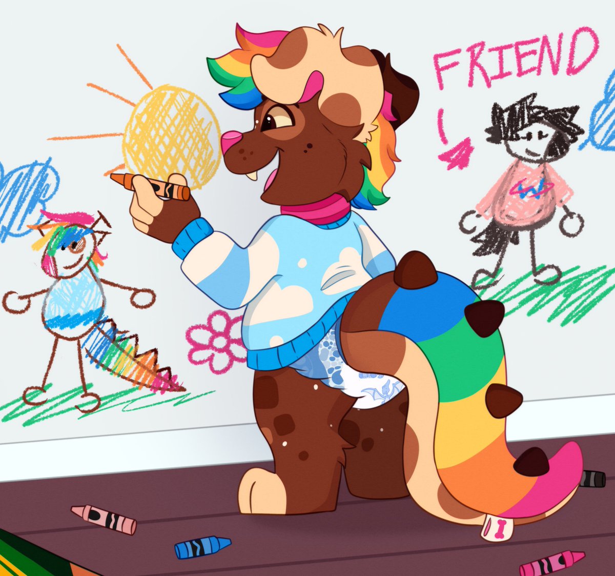 fizzlepuppi's tweet photo. Upgrading from paper to walls! Probably not the greatest idea, but they are such a perfect doodling space, for now!  

●・○・●  

Slight lineart change! I like this better :D  

●・○・●

#babyfur #kidfur #littlefur #kidcore #agere #sfwbabyfur https://t.co/Qc88iszwGE