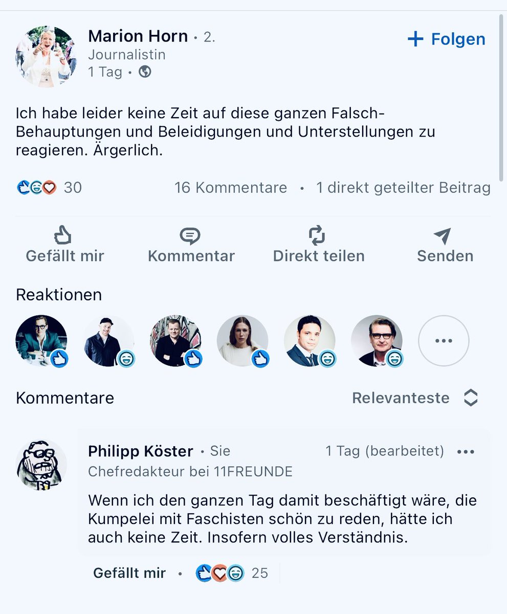 philippkoester's tweet photo. Haha, hätte ich Marion Horn nicht vorgestern bei LinkedIn angepöbelt, hätte Walter nicht an die Tastatur gemusst. https://t.co/k6MutDmphh