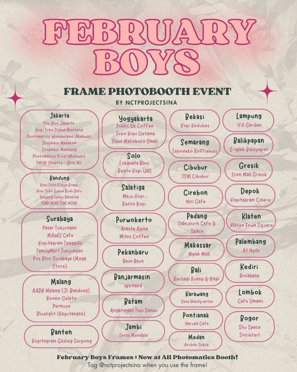 nctprojectsina's tweet photo. FEBRUARY BOYS TAKEOVER! 🌟📸
Februari ini waktunya seru-seruan di photobooth bareng bias kesayangan!
📆 1-28 Feb 2025
📍 Eksklusif di @photomaticsid
Let's gooo 💕
#FebruaryBoys
#JisungBirthday #JohnnyBirthday #JaehyunBirthday #DoyoungBirthday #JungwooBirthday #TenBirthday https://t.co/zI6kxM8YA6