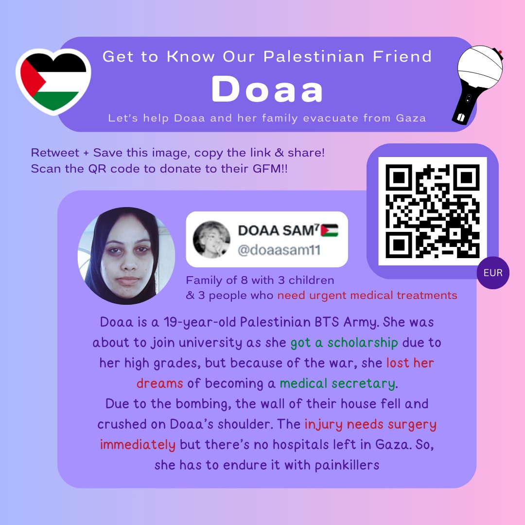 Hello everyone! It's our dear Doaa's (<a href="/doaasam11/">DOAA SAM⁷🇵🇸</a>) birthday today!! 💜🌸

Please take a few minutes out of your time to share her fundraiser and donate! Even 5€ counts! 

🔗 : gofund.me/3bff3bce