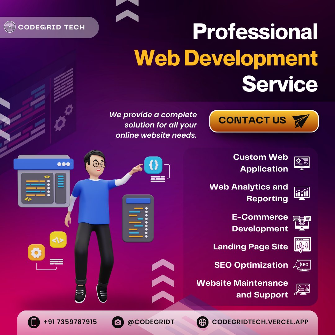 CodeGridT's tweet image. 💻 Website Development Services 🌐
Looking to build or upgrade your website? We've got you covered!
📧 Email us: tcodegrid@gmail.com
📞 Call/WhatsApp: +91 7359787915
📩 DM us now for inquiries!
#WebsiteDevelopment #WebDesign #DigitalSolutions