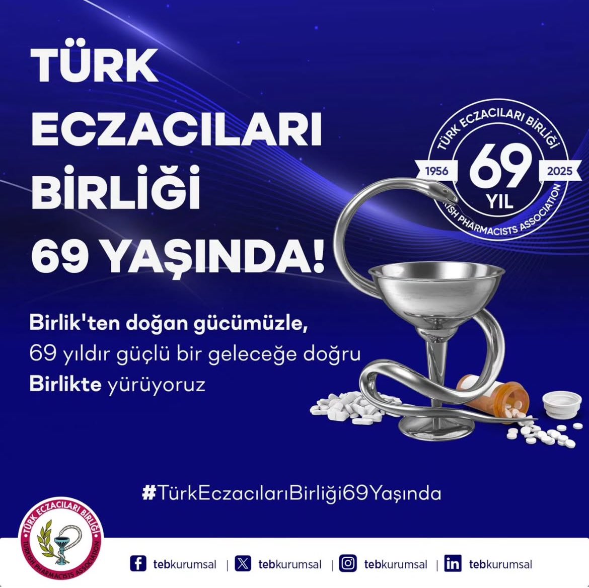 Varlığıyla övündüğümüz ve güven bulduğumuz merkez örgütümüz Türk Eczacıları Birliği’nin 69. yılı kutlu olsun. Birlikte nice yıllara!