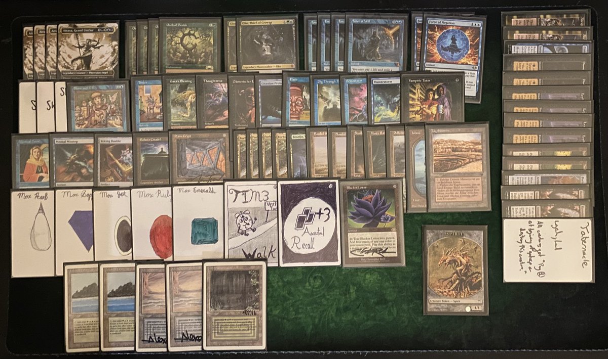 Dsitt7's tweet photo. Split Top 4 of @levelupgamesmd's Inaugural Vintage event with Oath! Only dropped 1 game all day.

A HELL of a turnout as 25 players came out to jam some 15-proxy Vintage! Excited to play more of these in the future.

Decklist in alt. Matchups below. Proxy art done by me in 2016. https://t.co/YCFjJiMU25