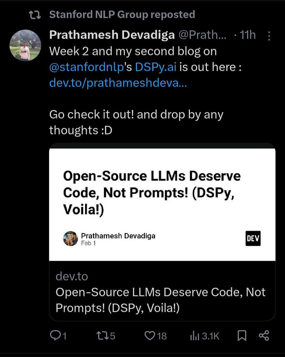 HomebrewFOSS's tweet photo. @PrathameshD_8 is on a roll! 🔥

Another exciting blog this week on https://t.co/EA3DpWtCf6 and a repost from THE @stanfordnlp 🎉

Check it out now! https://t.co/MGY9ODWg0p https://t.co/OBzlaCbH8D