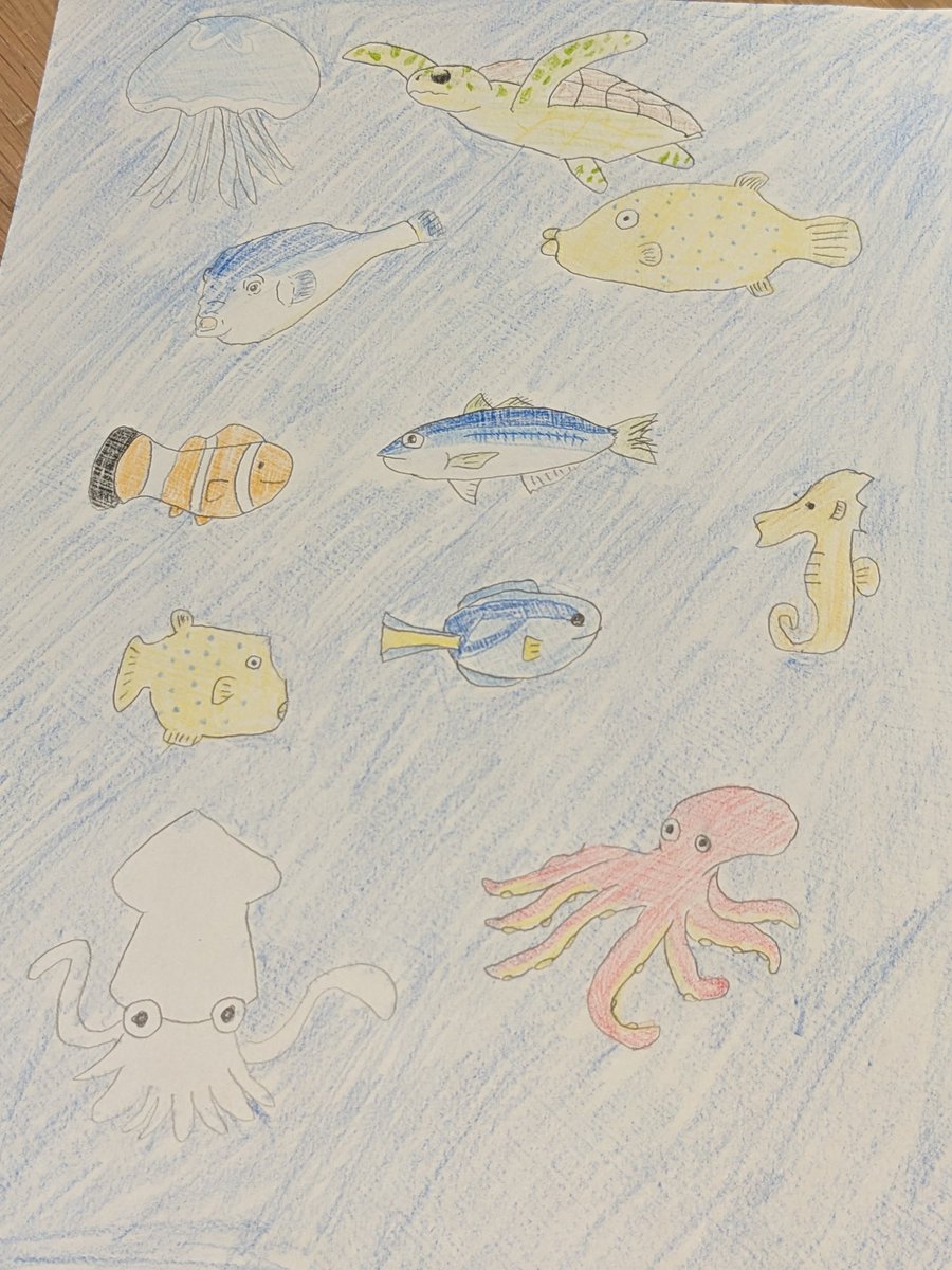 HRE_SPEED's tweet photo. ちょっと早いお誕生日会を開いて貰いました🥳

プレゼントは家族がそれぞれが描いたお魚の絵🎨

絵に興味なんて全然ない上の子も描いてくれた☺️それぞれ味があってどんな市販品より嬉しい🥰

ポストカードフレーム買ってきて飾ります😊 https://t.co/FI3XCGaEuR