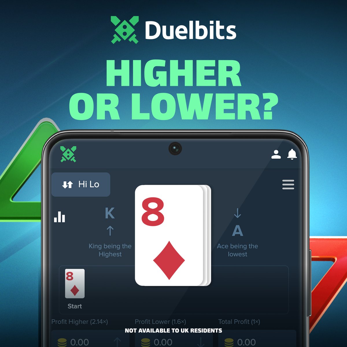 Duelbits's tweet photo. Higher or Lower: Giveaway 🃏 🔮 

Will the next card be higher or lower than the starting card? 

 How to Enter: 
🫂 Tag a friend 
💬 Drop your guess + Duelbits UID below 
🎁 5 random correct answers win $50 each!