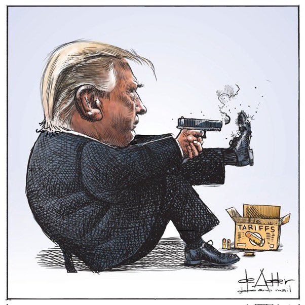 "Dumbest Trade War in History"  is how the <a href="/WSJ/">The Wall Street Journal</a> Wall Street Journal  views the Trump Tariff. Cartoonist Michael <a href="/deAdder/">Michael de Adder</a> agrees-showing us an American President taking dead aim on his own left foot.