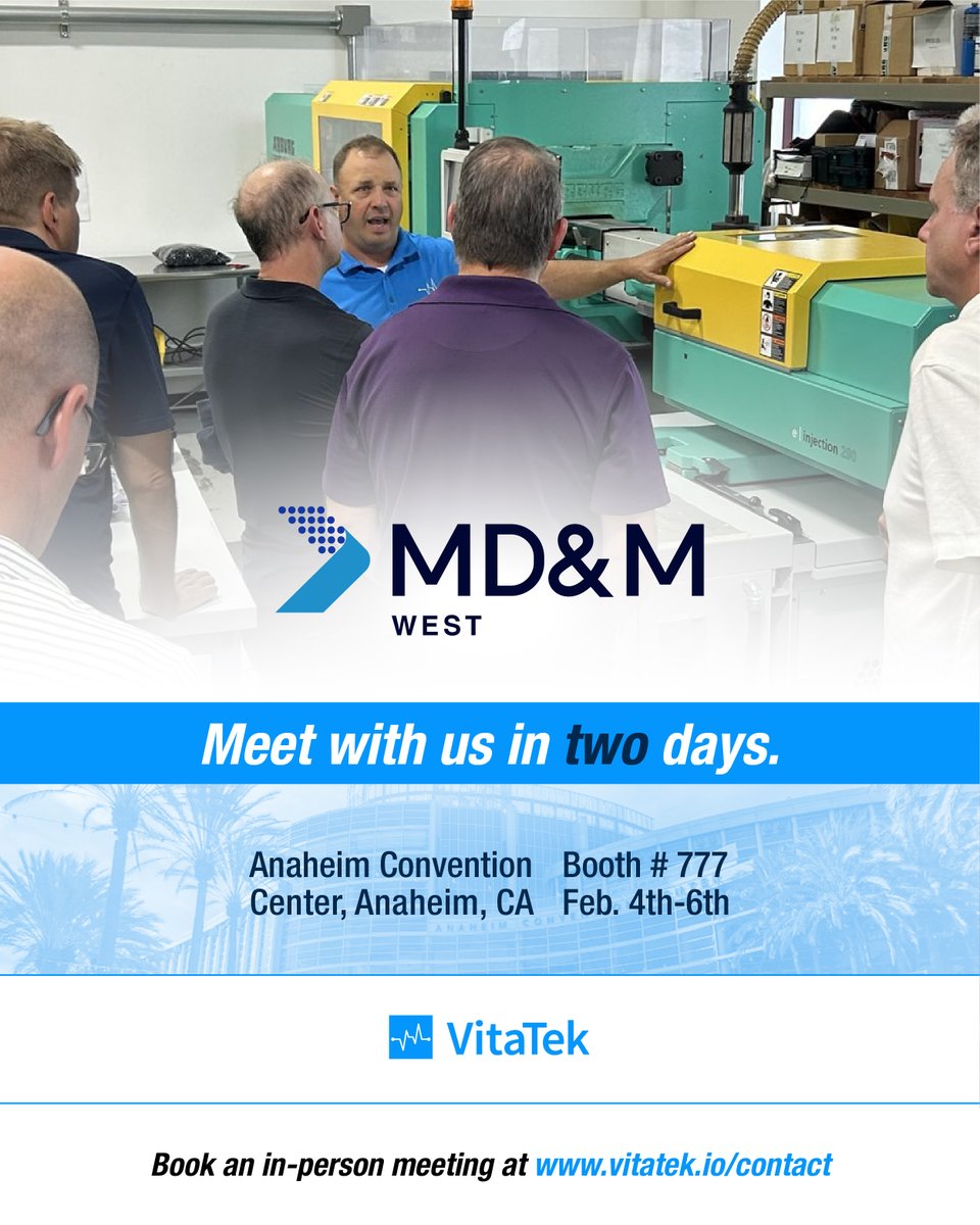 VitaTekMedical's tweet image. Meet with us in two days at the Anaheim Convention Center for MD&amp;amp;M West, booth #777! February 4th-6th.

Medical Device Development Manufacturing. Everything In-House.

#medtech #medicaldevice #mdmwest #medicaldevicemanufacturing #diemold