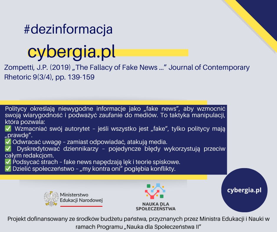 #FakeNews to nie tylko fałszywa informacja, ale i narzędzie polityków do dyskredytowania mediów, odwracania uwagi i manipulowania opinią. więcej @cybergia.pl <a href="/MNiSW_GOV__PL/">Ministerstwo Nauki i Szkolnictwa Wyższego</a>