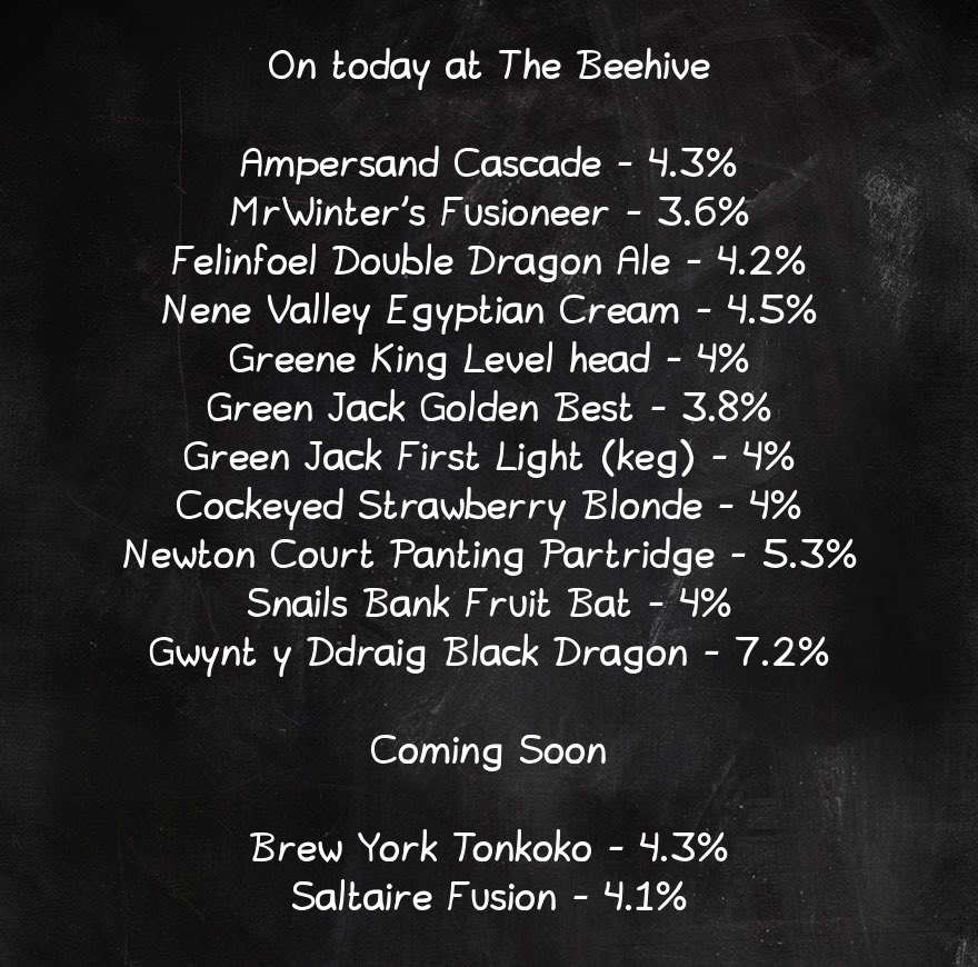 Alex (@beehivenorwich) on Twitter photo On the bar today!
Beer Board: bit.ly/3SeohBF
<a href="/AmpersandBrewCo/">Ampersand Brew Co</a> <a href="/wintersbrewery/">MrWinter's</a> <a href="/FelinfoelAles/">Felinfoel Brewery</a> @NeneValleyBrew <a href="/greeneking/">Greene King</a> <a href="/greenjackbrew/">Green Jack Brewery</a> <a href="/cockeyedciderco/">Cider</a> <a href="/NewtonsCider/">Newton Court Cider</a> <a href="/Snailsbankcider/">Snailsbank Cider</a> <a href="/Gwyntyddraig/">gwyntcider</a>
#RealAleFinder On the bar today!
Beer Board: bit.ly/3SeohBF
<a href="/AmpersandBrewCo/">Ampersand Brew Co</a> <a href="/wintersbrewery/">MrWinter's</a> <a href="/FelinfoelAles/">Felinfoel Brewery</a> @NeneValleyBrew <a href="/greeneking/">Greene King</a> <a href="/greenjackbrew/">Green Jack Brewery</a> <a href="/cockeyedciderco/">Cider</a> <a href="/NewtonsCider/">Newton Court Cider</a> <a href="/Snailsbankcider/">Snailsbank Cider</a> <a href="/Gwyntyddraig/">gwyntcider</a>
#RealAleFinder