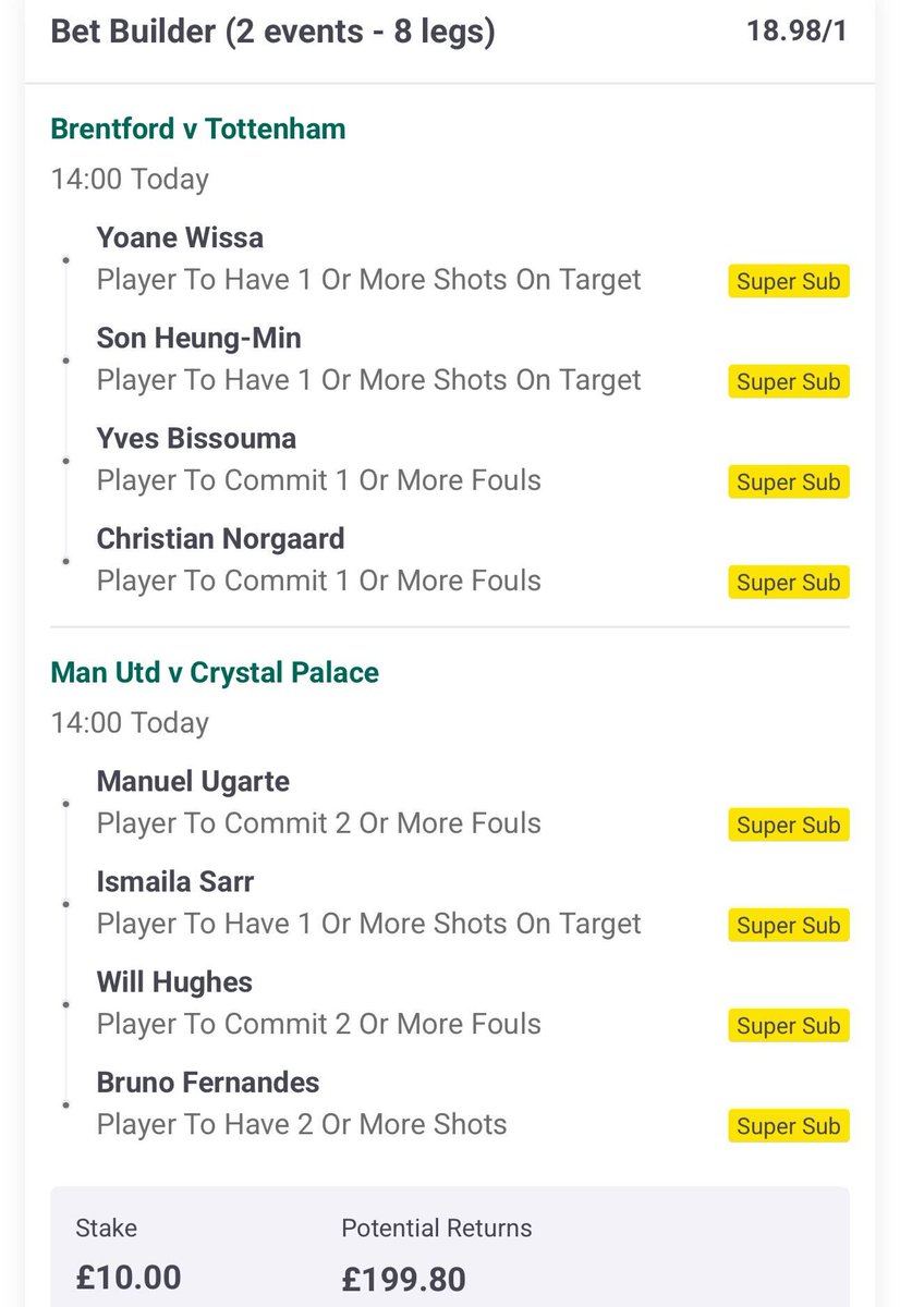 TODAY'S SUPER SUB BET BUILDER!!!!

HERE WE GO 👇
footyaccums.bet/PPSSUB020225

📊 Stats per 90 in the Premier League this season:

🎯 Wissa SOT - 1.31
💥 Norgaard FOUL - 1.51
💥 Bissouma FOUL - 1.57
🎯 Son SOT - 1.27
💥 Ugarte FOUL - 2.45
🥅 Bruno SHOT - 2.89
💥 Hughes FOUL - 2.65
🎯
