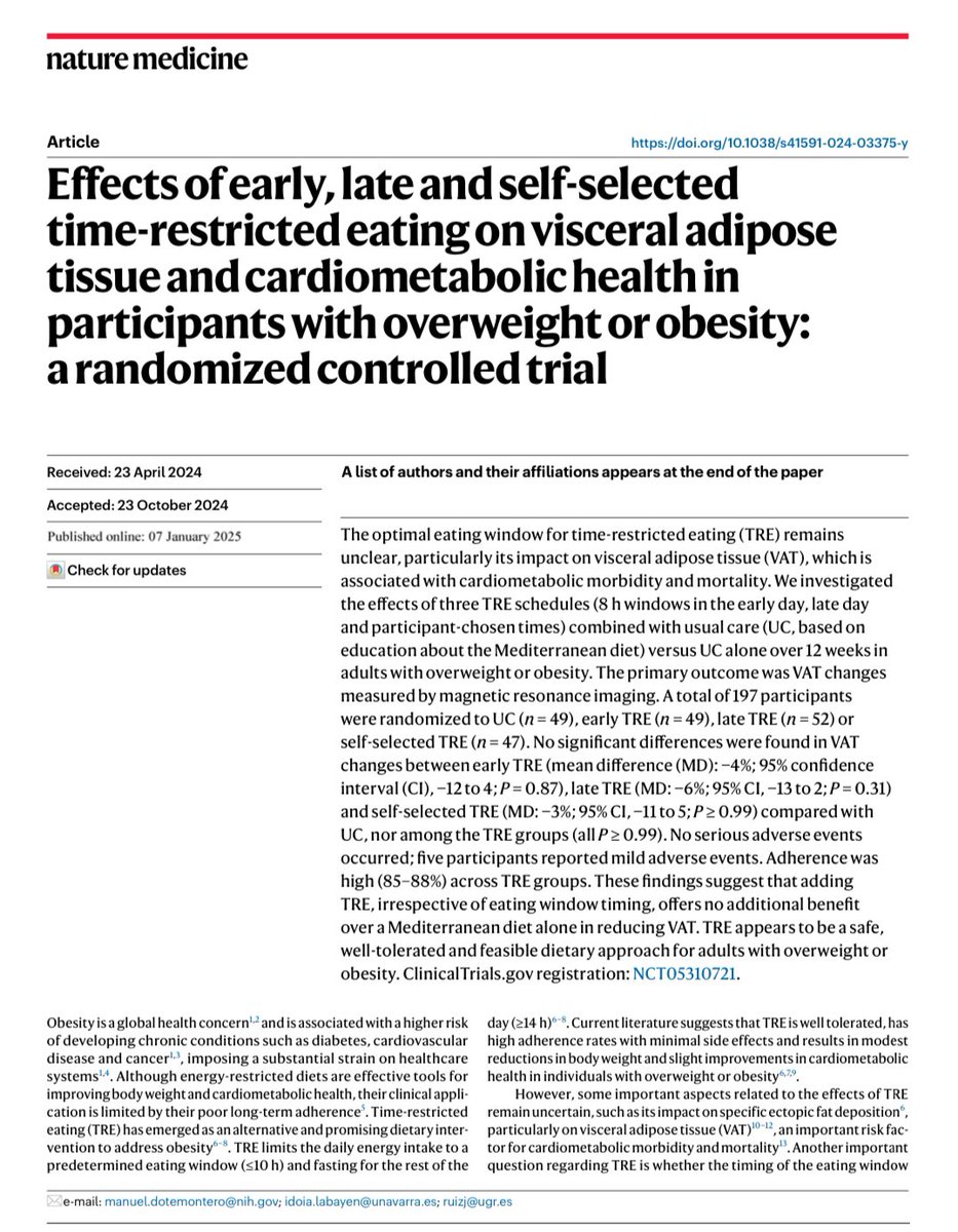 Intermittent fasting at any time of day is good for losing (some) weight but does not reduce visceral adipose tissue.
nature.com/articles/s4159…