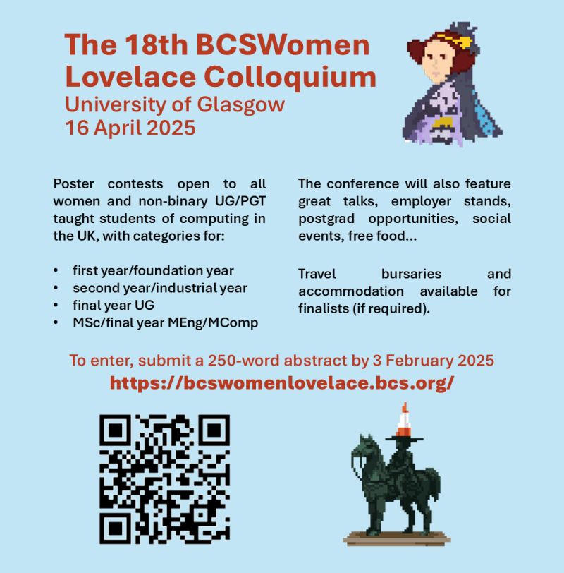 ENU Computing, Engineering & Built Environment (@ednapierscebe) on Twitter photo Abstract deadline for <a href="/bcs_lovelace/">BCSWomen Lovelace</a> colloquium is tomorrow (Monday) bcswomenlovelace.bcs.org/?page_id=92
Free, expenses paid conference for women non-binary computing students. In Glasgow. Abstract deadline for <a href="/bcs_lovelace/">BCSWomen Lovelace</a> colloquium is tomorrow (Monday) bcswomenlovelace.bcs.org/?page_id=92
Free, expenses paid conference for women non-binary computing students. In Glasgow.