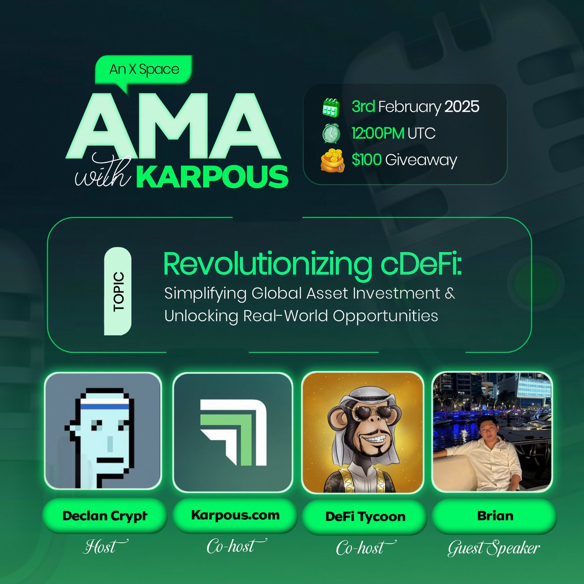 🚀 join us tomorrow for a Space AMA with <a href="/karpouscom/">Karpous</a>!  

I’ll be hosting, alongside our guest speaker Brian and <a href="/DeFi_Tycoon/">DeFi Tycoon</a> as Co host,  as we dive into:  

"Revolutionizing cDeFi: Simplifying Global Asset Investment &amp; Unlocking Real-World Opportunities"

🗓️ Feb 3rd
⏰ 12:00 PM