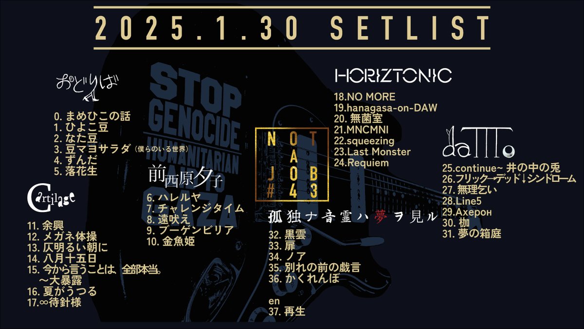 shoshoism's tweet photo. 2025.1.30「NOT A JOB#43」SET LIST
全37曲、今年も良く弾きました。
ありがとうございました!!
#notajob https://t.co/krC4Rv6IGU