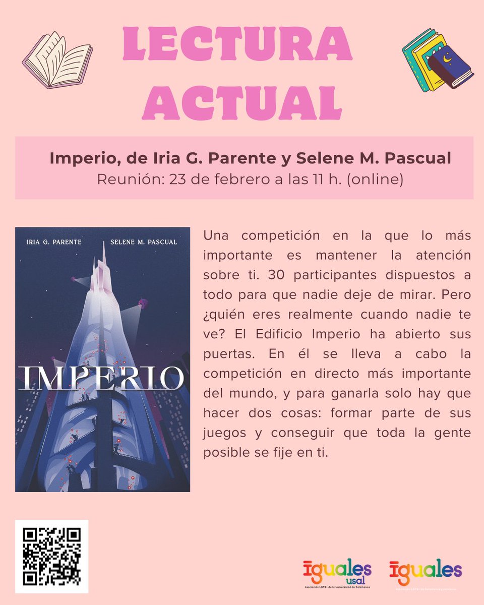 🥳 Comenzamos febrero con un nuevo libro en nuestro club de lectura. Id comenzando que este libro ya es más gordito. Como siempre, si os queréis apuntar al club, en enlace está en el QR o en la bio. 

📚 Imperio, de Iria G. Parente y Selene M. Pascual

🗓️ 23 de febrero, domingo