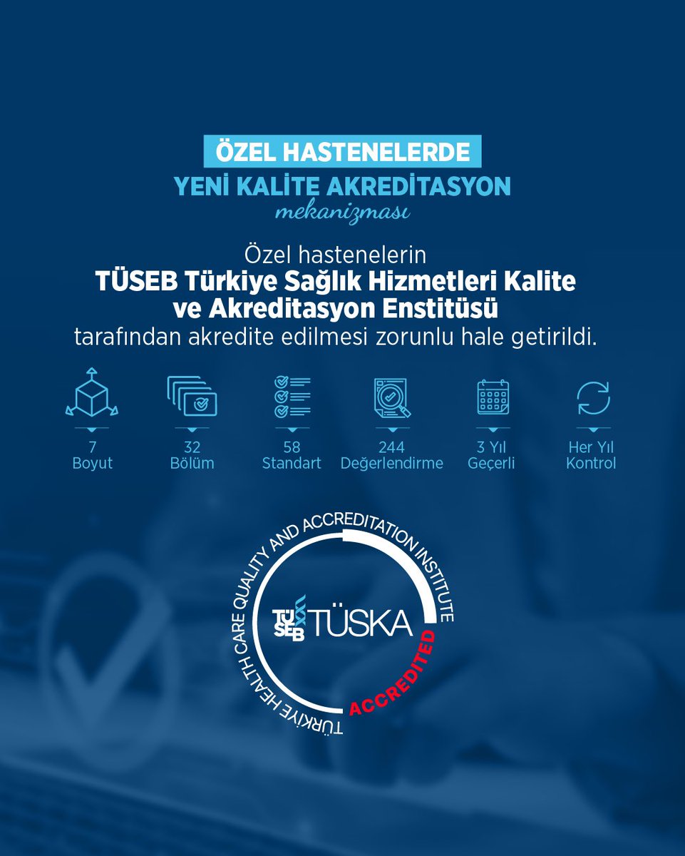 Özel Hastaneler için TÜSKA Akreditasyonu Yeni Bir Dönemin Kapılarını Açıyor!

Değerli sağlık sektörü paydaşlarımız, sağlık hizmetlerinde kaliteyi en üst seviyeye taşımak ve hasta ve çalışan güvenliğini güçlendirmek için önemli bir dönüm noktasına ulaştık! 30 Ocak 2025 tarihinde