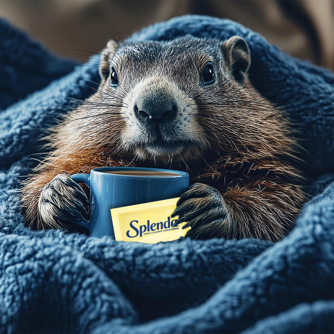 Splenda's tweet photo. Whether it's snowflakes or sunshine for the next 6 weeks, my morning isn't complete without a cup of coffee sweetened with Splenda. How about you? ❄️☀️🐾 #GroundhogDay https://t.co/2AIbOyKMQ0